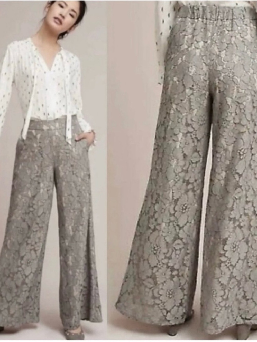 Anthropologie Wide-Leg Lace Overlay Pants in Light Gray